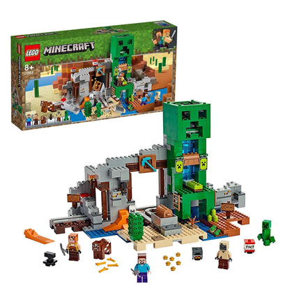LEGO® Minecraft The Creeper Mine Set 21155 with Creeper statue, minecart, and characters for creative play.