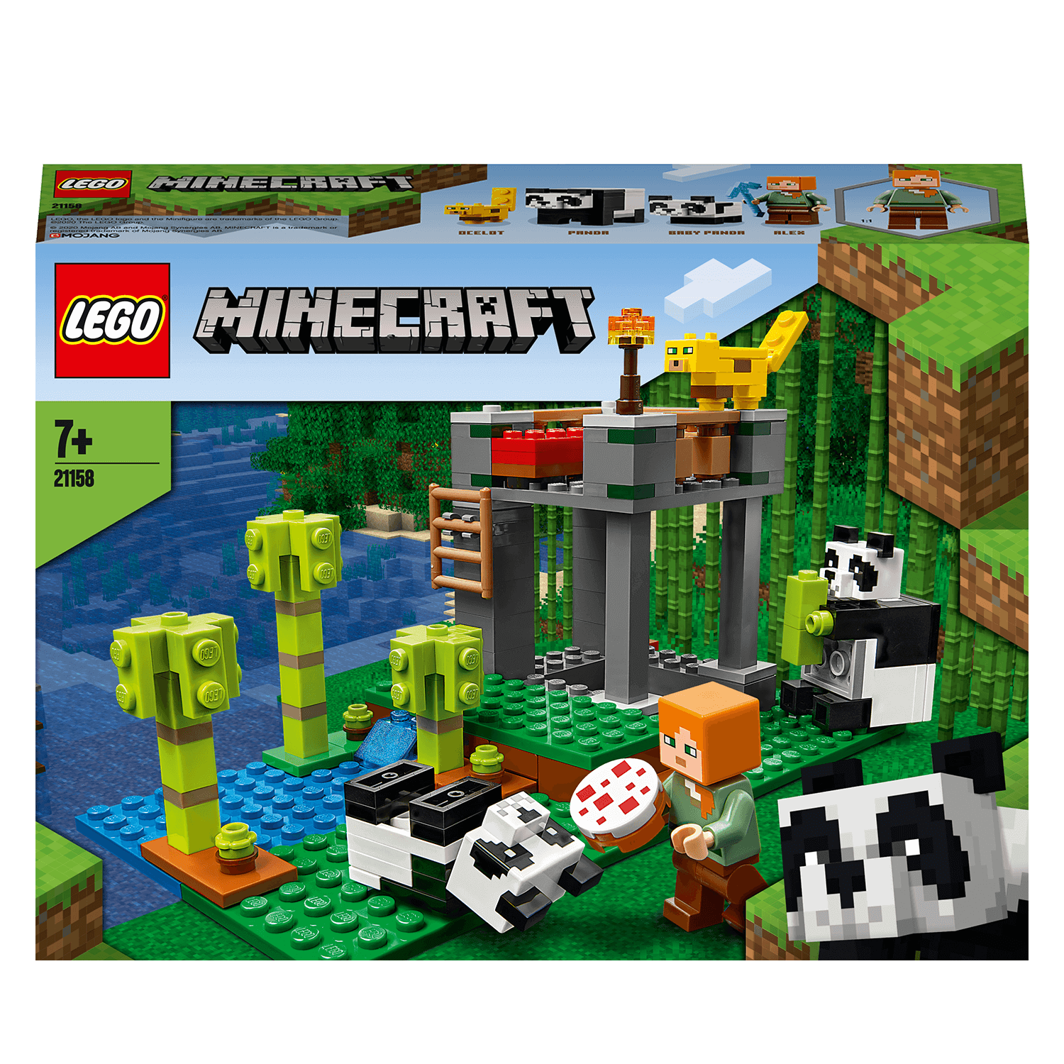 LEGO® Minecraft The Panda Nursery Building Set 21158 with playful pandas and a child character by a river.