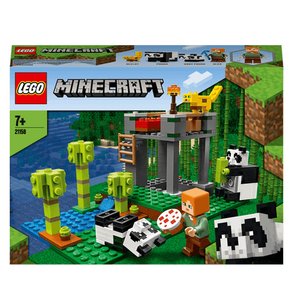 LEGO® Minecraft The Panda Nursery Building Set 21158 with playful pandas and a child character by a river.