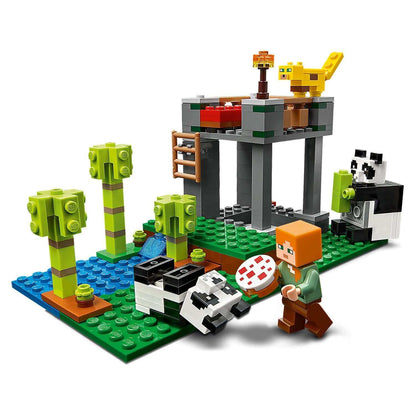 LEGO® Minecraft Panda Nursery Set 21158 with poseable pandas and a boy caring for them in a vibrant nursery scene.