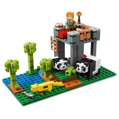 LEGO Minecraft Panda Nursery Building Set 21158 featuring pandas, player character, and a vibrant landscape.