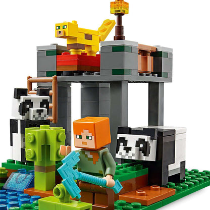 LEGO Minecraft The Panda Nursery set with poseable pandas and a figure in a vibrant play environment.