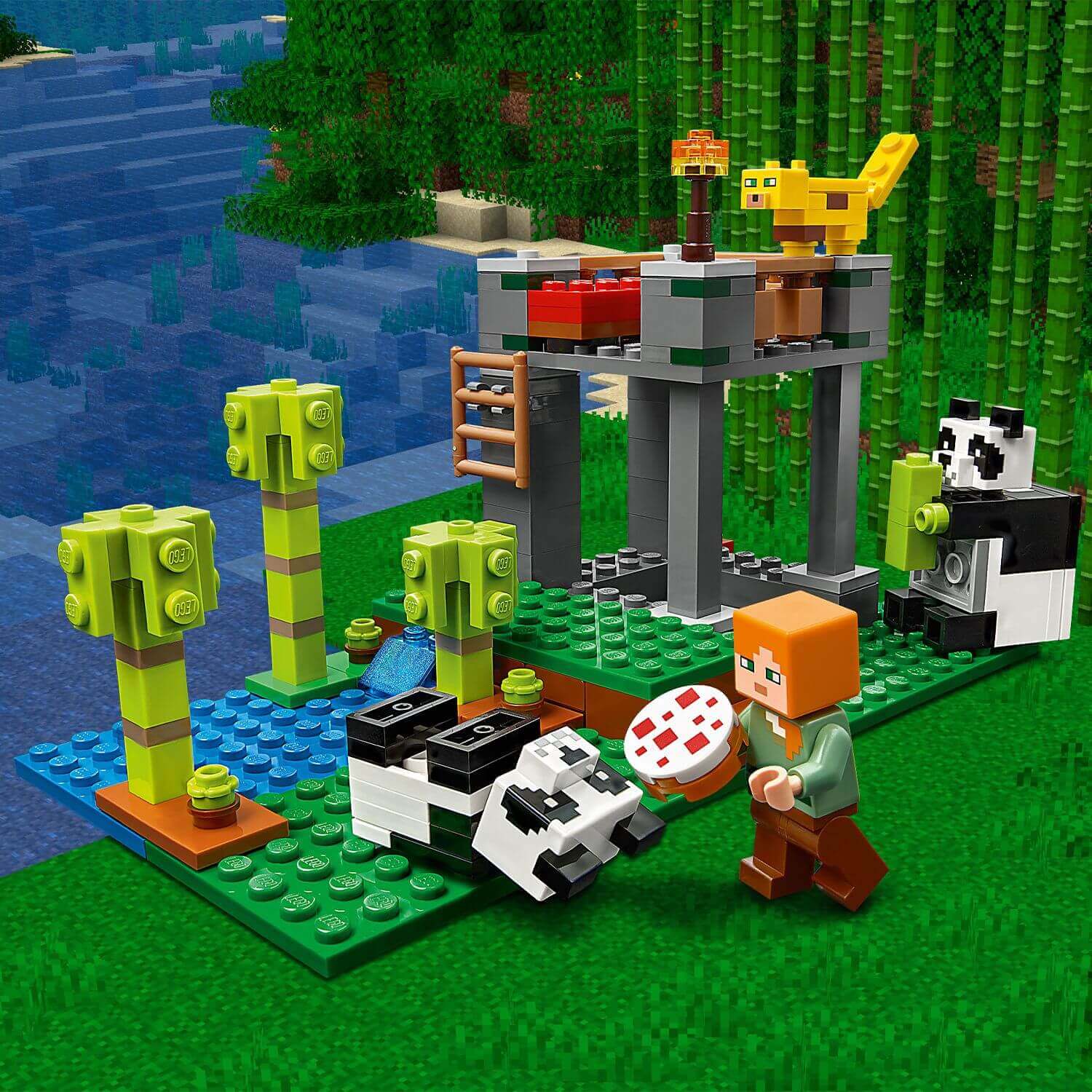 Hands-on fun with LEGO Minecraft Panda Nursery set 21158, featuring cute pandas and playful characters.