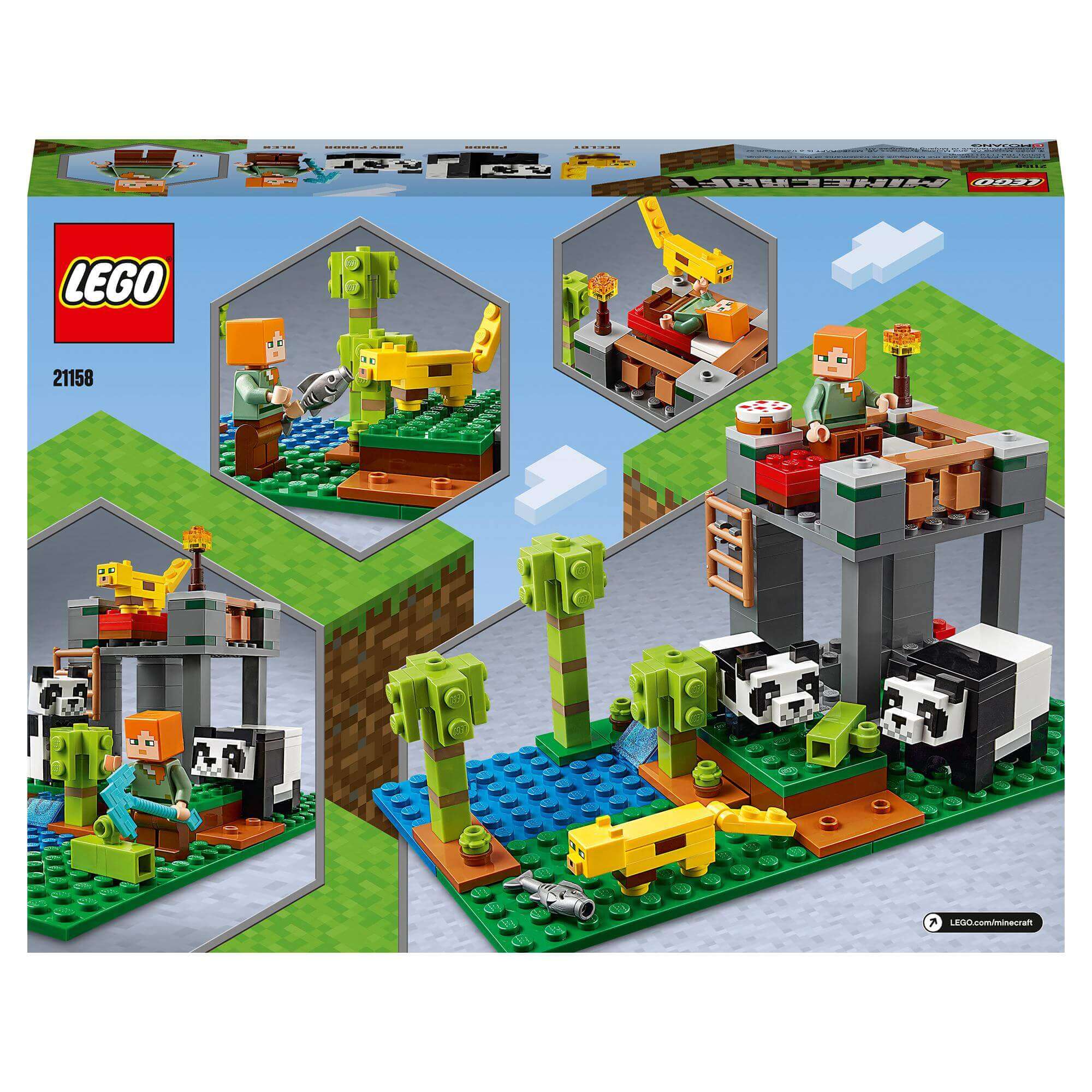 LEGO® Minecraft The Panda Nursery Set 21158 featuring poseable pandas, a nursery, and Minecraft adventure scenes.