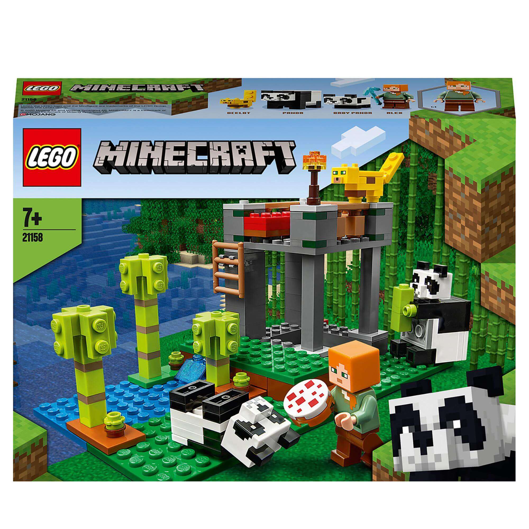 LEGO® Minecraft 21158 The Panda Nursery set with pandas, trees, and characters for creative play and adventures.