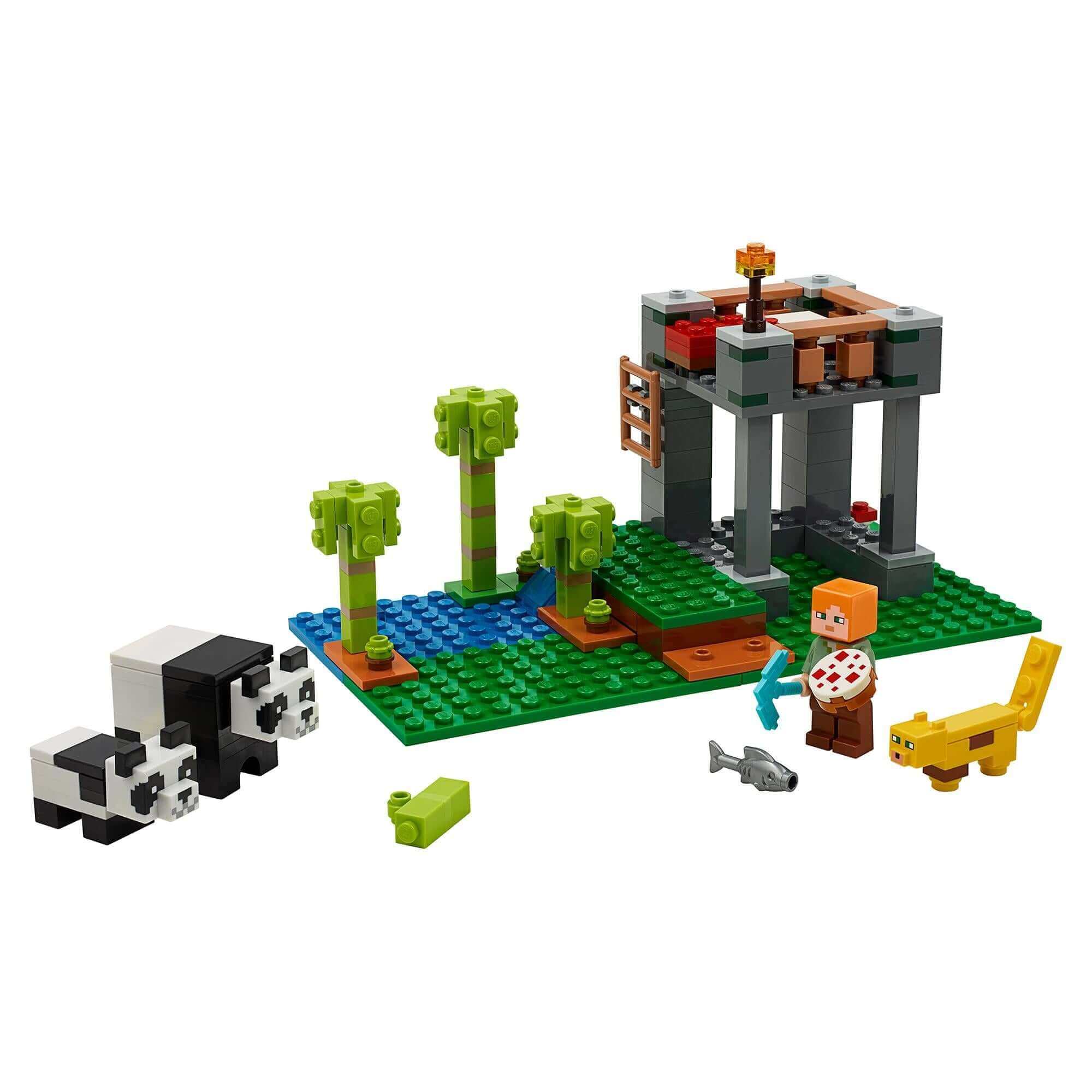 LEGO Minecraft Panda Nursery set 21158 with panda figures, trees, and Steve character for creative play.