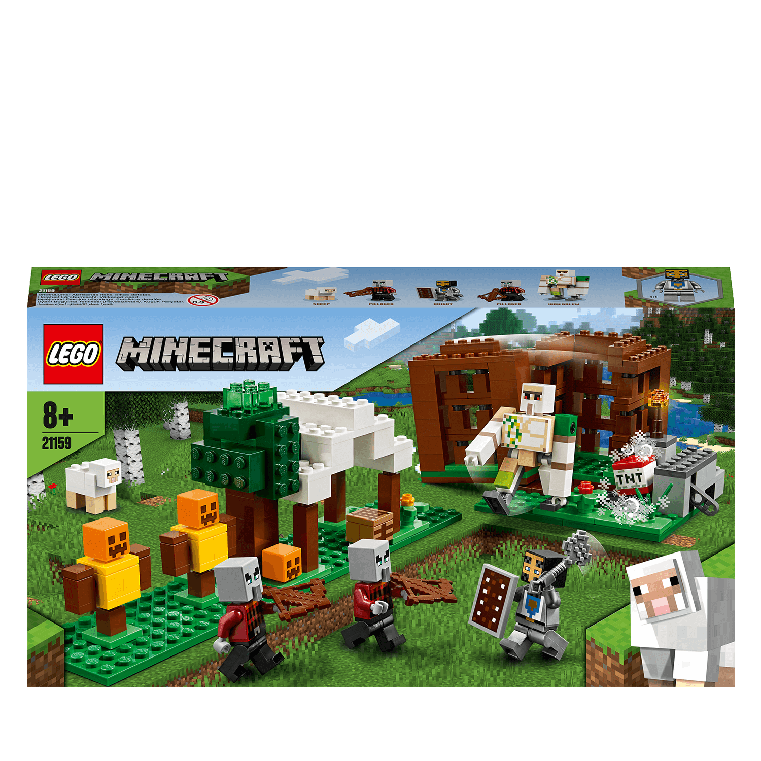 LEGO Minecraft The Pillager Outpost Set 21159 featuring Iron Golem, Pillagers, and colorful Minecraft scenery.