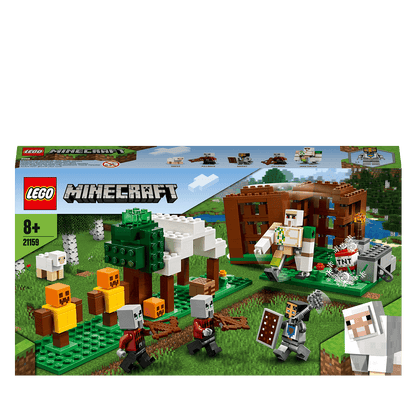 LEGO Minecraft The Pillager Outpost Set 21159 featuring Iron Golem, Pillagers, and colorful Minecraft scenery.