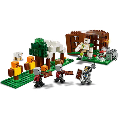 LEGO® Minecraft The Pillager Outpost Set 21159 featuring Iron Golem and Pillager figures in a vibrant playset.