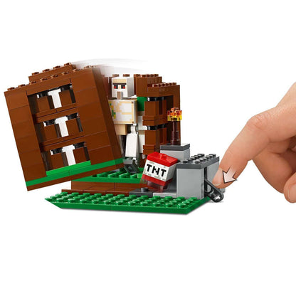 LEGO® Minecraft The Pillager Outpost Set 21159 featuring an Iron Golem and TNT activation mechanism.