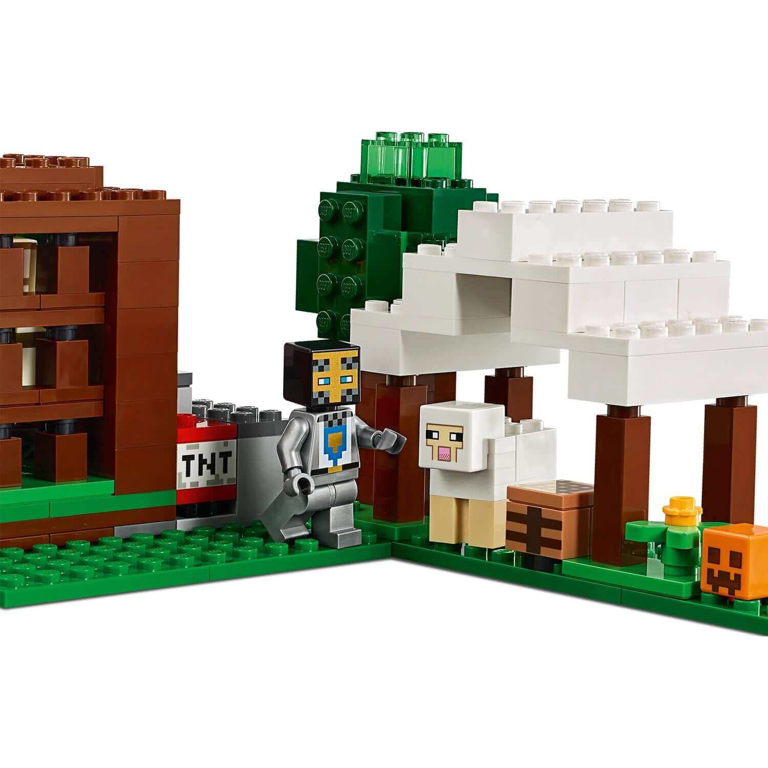 LEGO® Minecraft The Pillager Outpost set showcasing Iron Golem and sheep figures in a colorful playset.