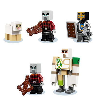 LEGO Minecraft Pillager Outpost set features Iron Golem, Pillagers, and sheep figures for a creative play experience.