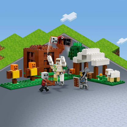LEGO® Minecraft The Pillager Outpost Set 21159 featuring Iron Golem and Pillager figures in an action scene.