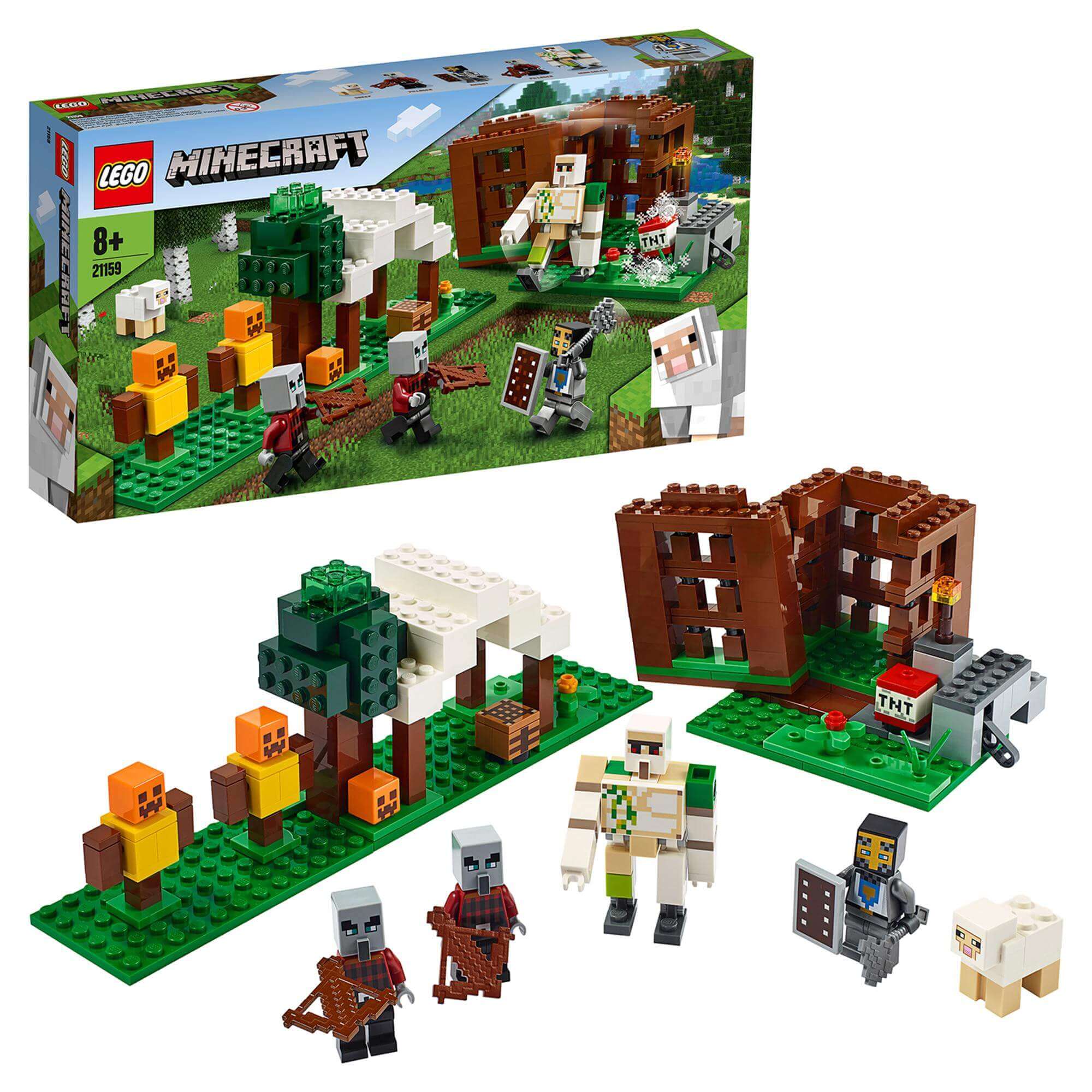 LEGO® Minecraft The Pillager Outpost Set 21159 with Iron Golem and Pillager figures in a playset.