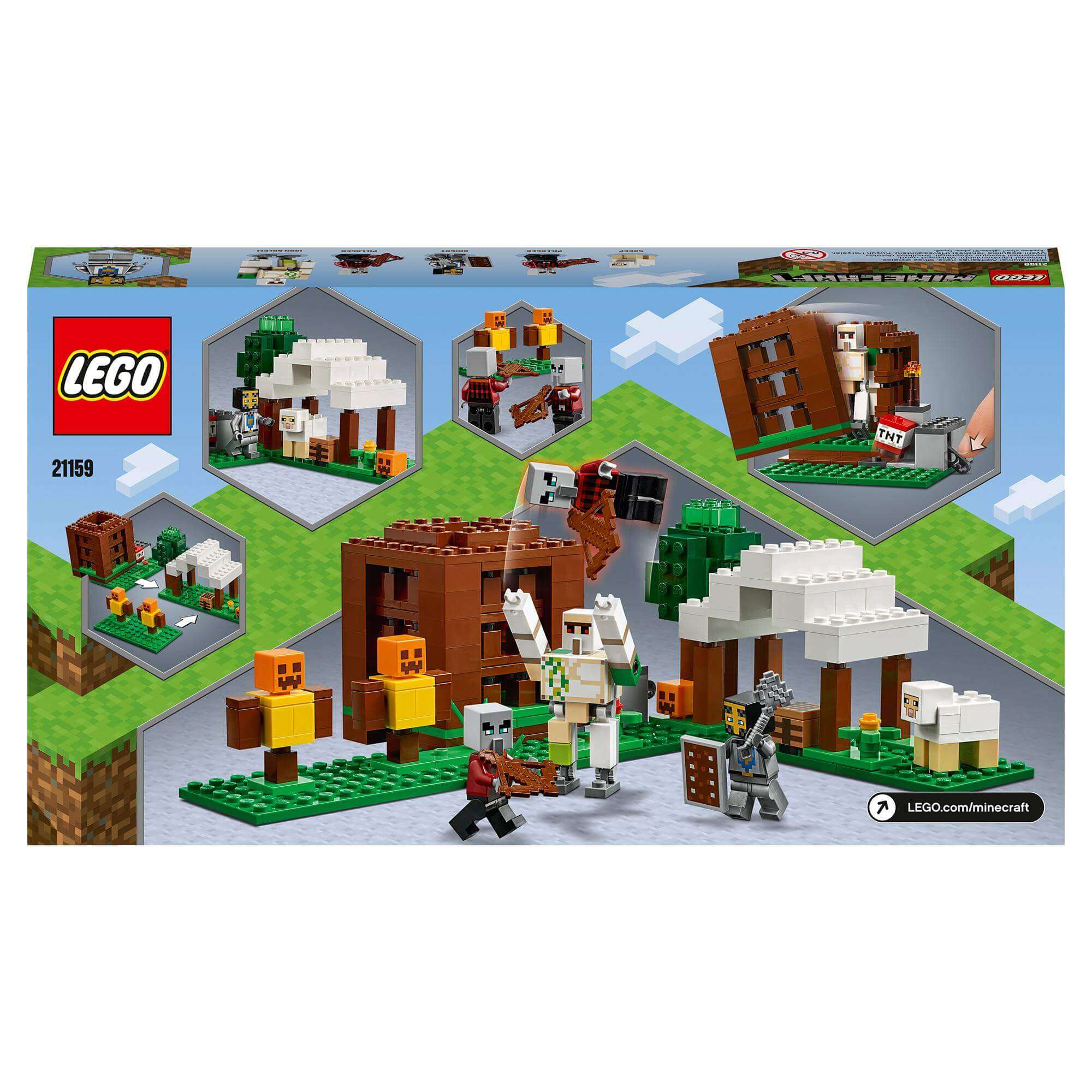LEGO® Minecraft The Pillager Outpost Set 21159 showcasing Iron Golem and Pillager figures in a 3-section playset.