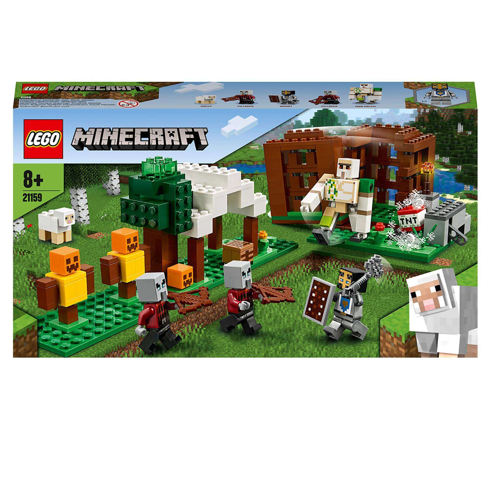 LEGO® Minecraft The Pillager Outpost Set 21159 featuring Iron Golem and Pillager figures in a 3-section playset.