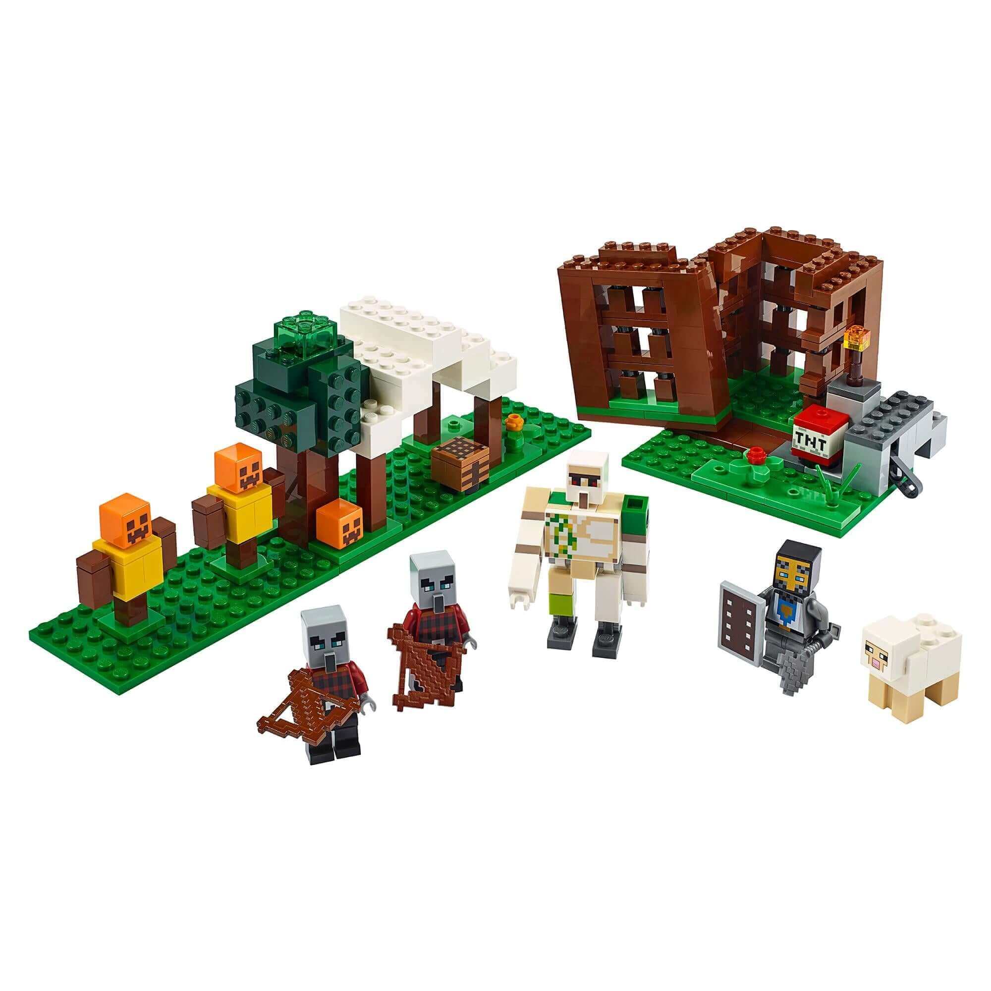 LEGO® Minecraft The Pillager Outpost Set 21159 featuring Iron Golem, Pillagers, and buildable landscapes.