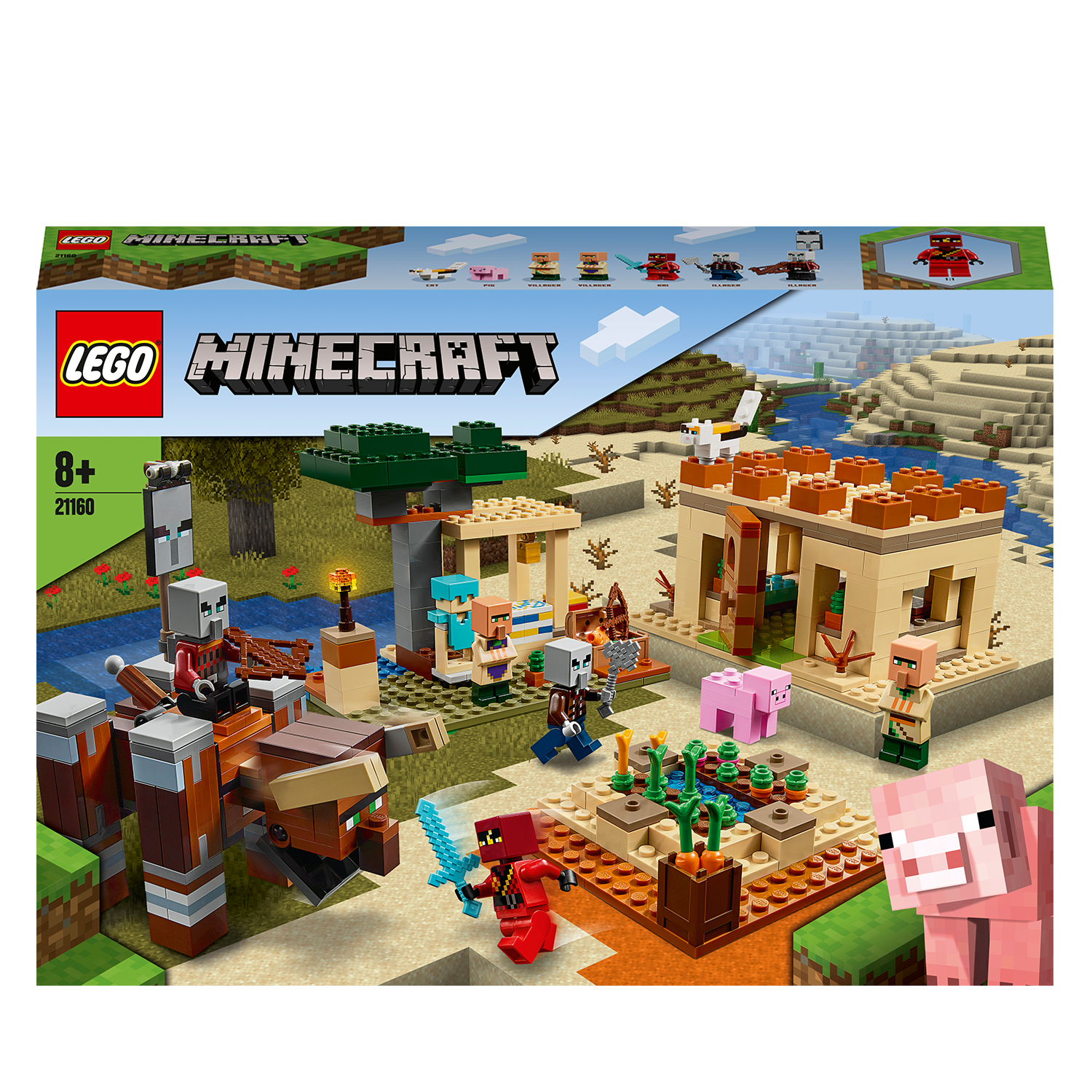 LEGO Minecraft The Illager Raid Building Set 21160 with figures, Ravager, and a vibrant village scene.