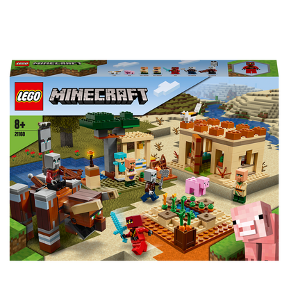 LEGO Minecraft The Illager Raid Building Set 21160 with figures, Ravager, and a vibrant village scene.