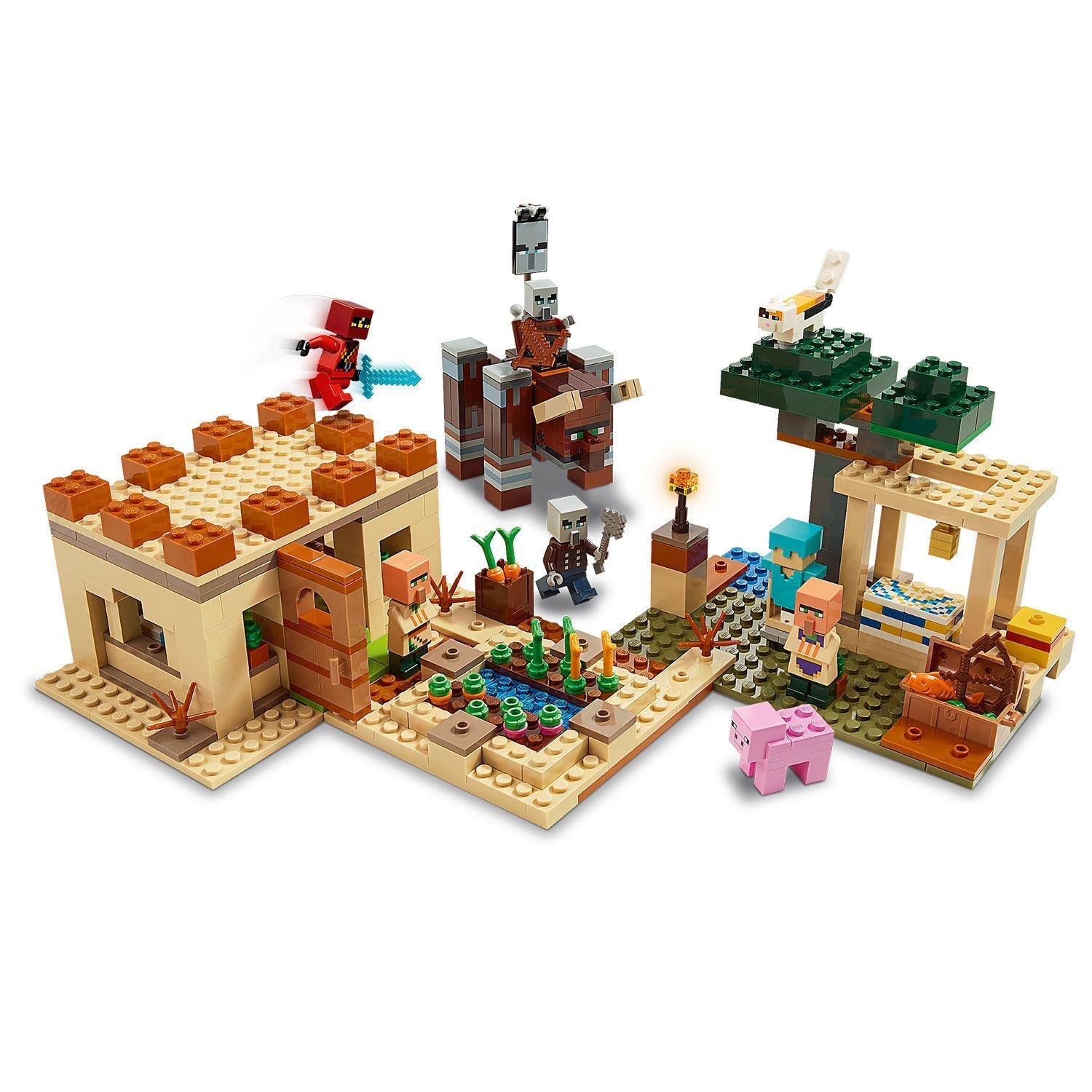 LEGO Minecraft The Illager Raid set featuring a villager, Ravager, and various buildable elements for interactive play.