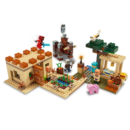 LEGO Minecraft The Illager Raid set featuring a villager, Ravager, and various buildable elements for interactive play.