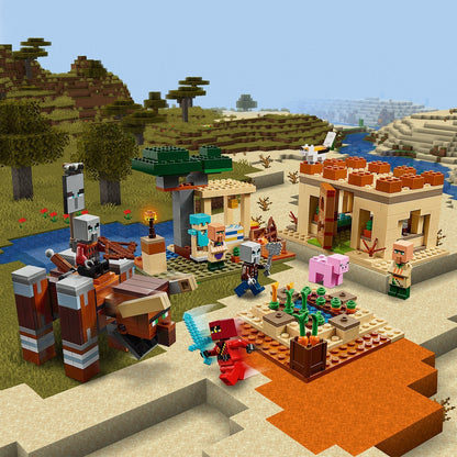 LEGO Minecraft The Illager Raid building set featuring figures, animals, and a village in a vibrant landscape.