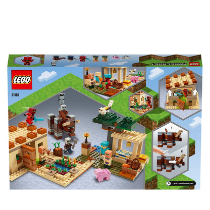 LEGO Minecraft The Illager Raid Building Set 21160 featuring a Minecraft village with characters and a Ravager beast.