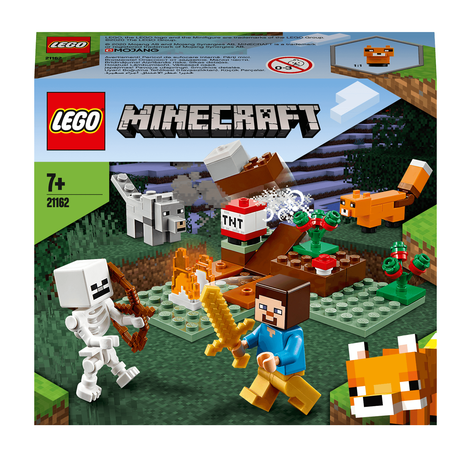 LEGO Minecraft The Taiga Adventure Set 21162 featuring characters, TNT, and a new Fox in a snowy biome.