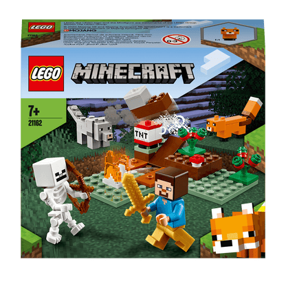 LEGO Minecraft The Taiga Adventure Set 21162 featuring characters, TNT, and a new Fox in a snowy biome.