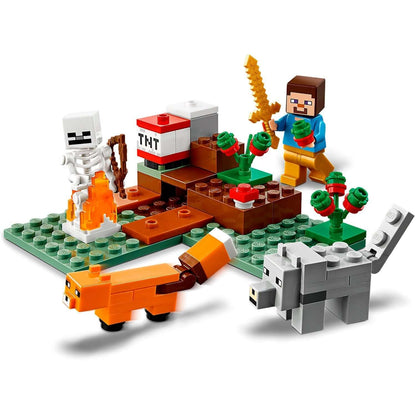 LEGO® Minecraft The Taiga Adventure Set 21162 featuring characters, fox, and skeleton on a mining adventure.