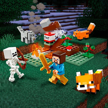 LEGO® Minecraft The Taiga Adventure Set 21162 with Steve, a skeleton, fox, and other characters in action.