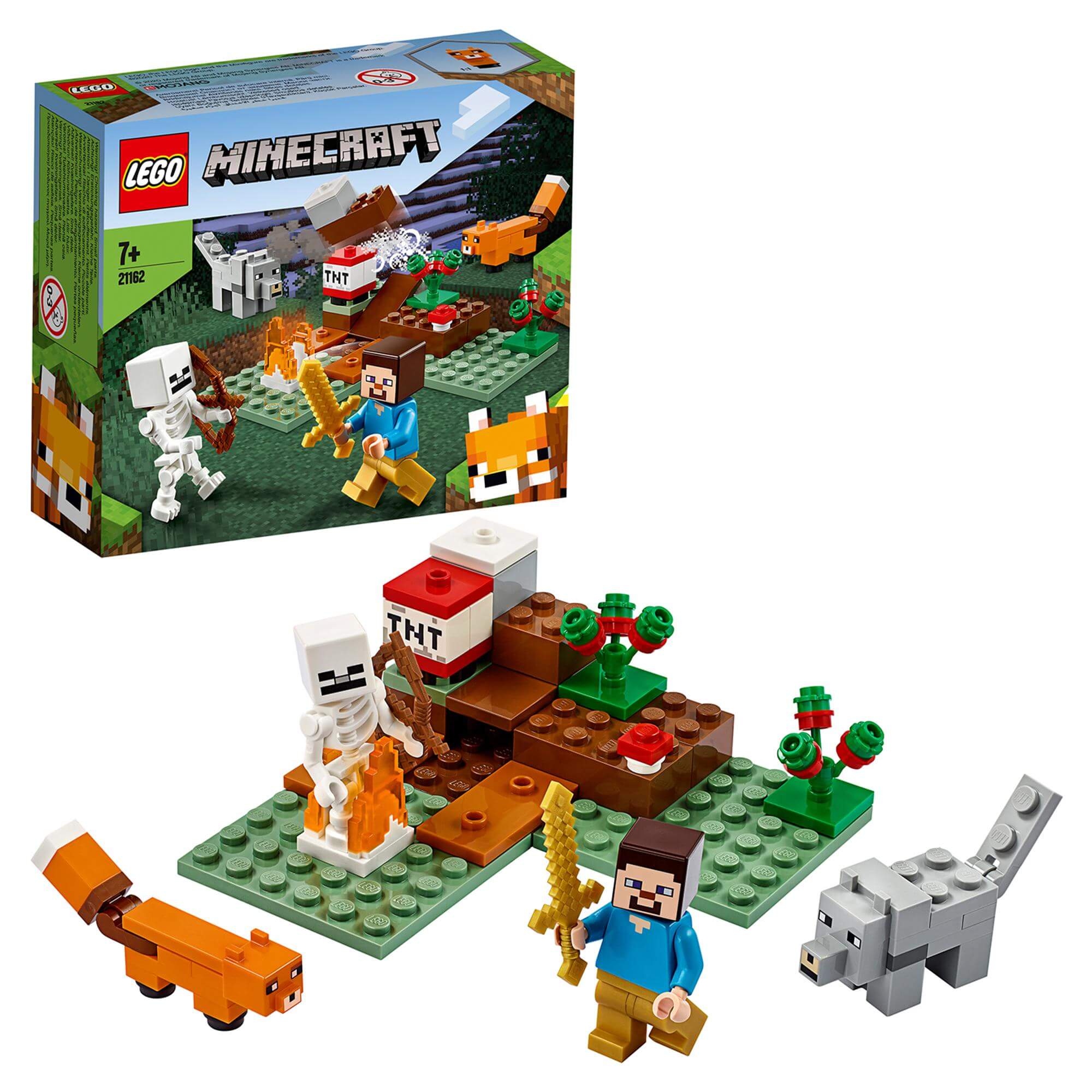 LEGO Minecraft The Taiga Adventure Set 21162 featuring characters, fox, wolf, and skeleton in a snowy landscape.