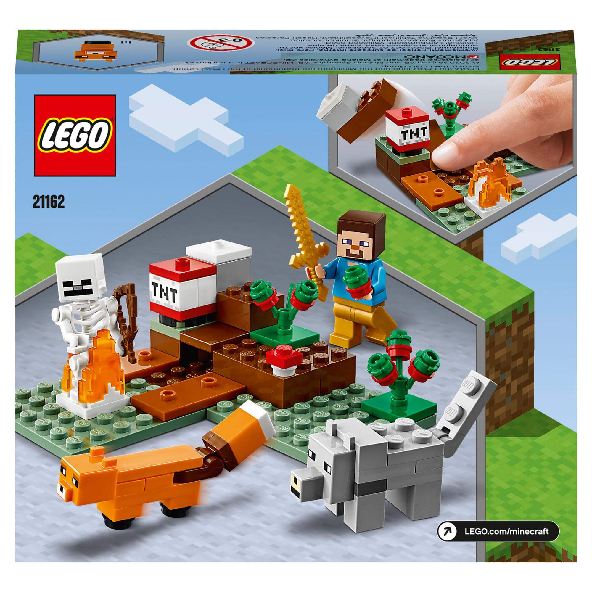 LEGO® Minecraft Taiga Adventure Set 21162 showing characters, TNT, and animals in a mining scene.