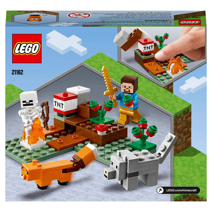 LEGO® Minecraft Taiga Adventure Set 21162 showing characters, TNT, and animals in a mining scene.