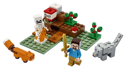 LEGO Minecraft The Taiga Adventure Set 21162 with characters, fox, skeleton, and buildable landscape.