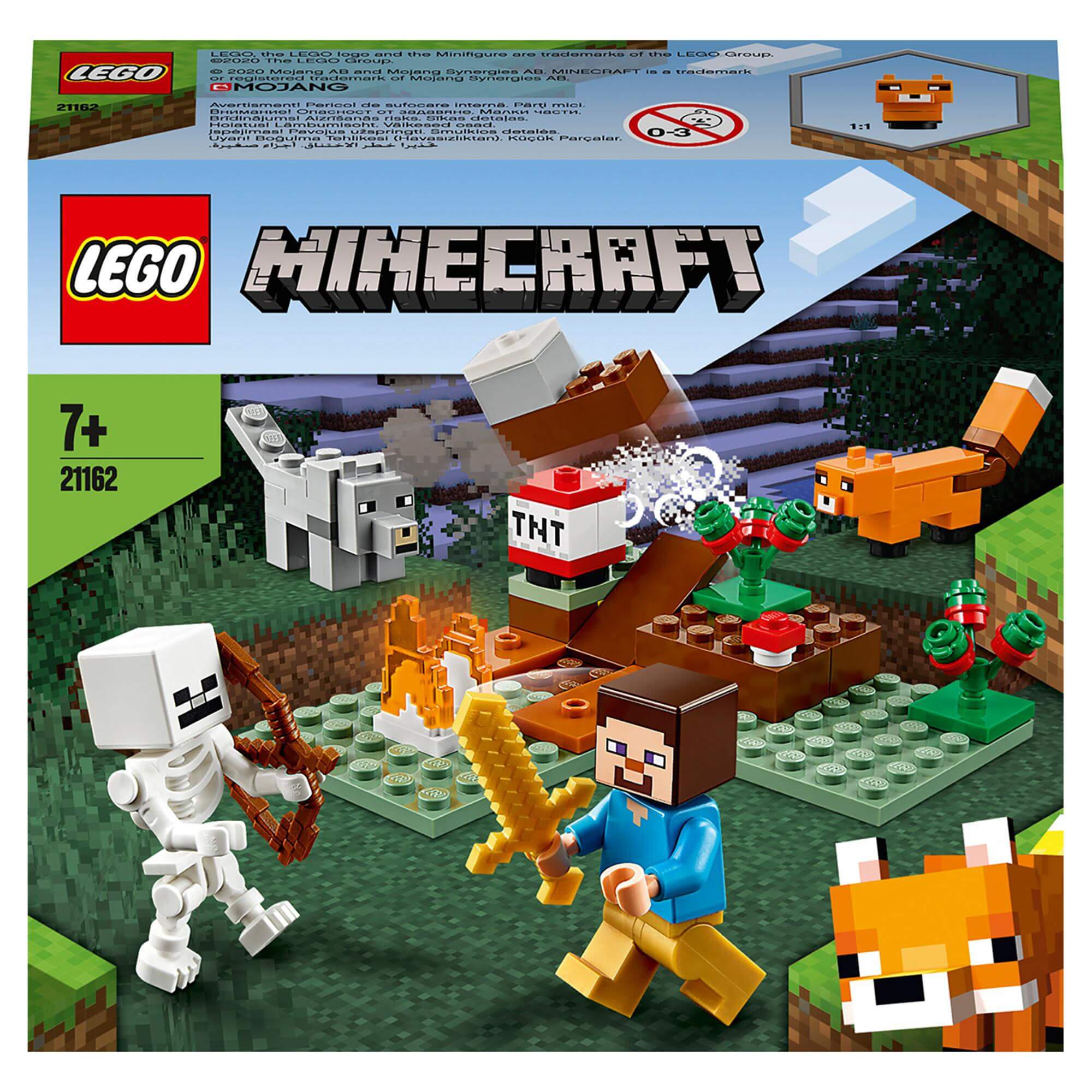 LEGO® Minecraft The Taiga Adventure Set 21162 featuring characters, a fox, and a mining scene in the Taiga biome.