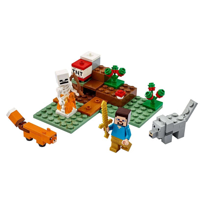 LEGO® Minecraft The Taiga Adventure Set 21162 with characters, fox, and skeleton in a snowy biome scene.