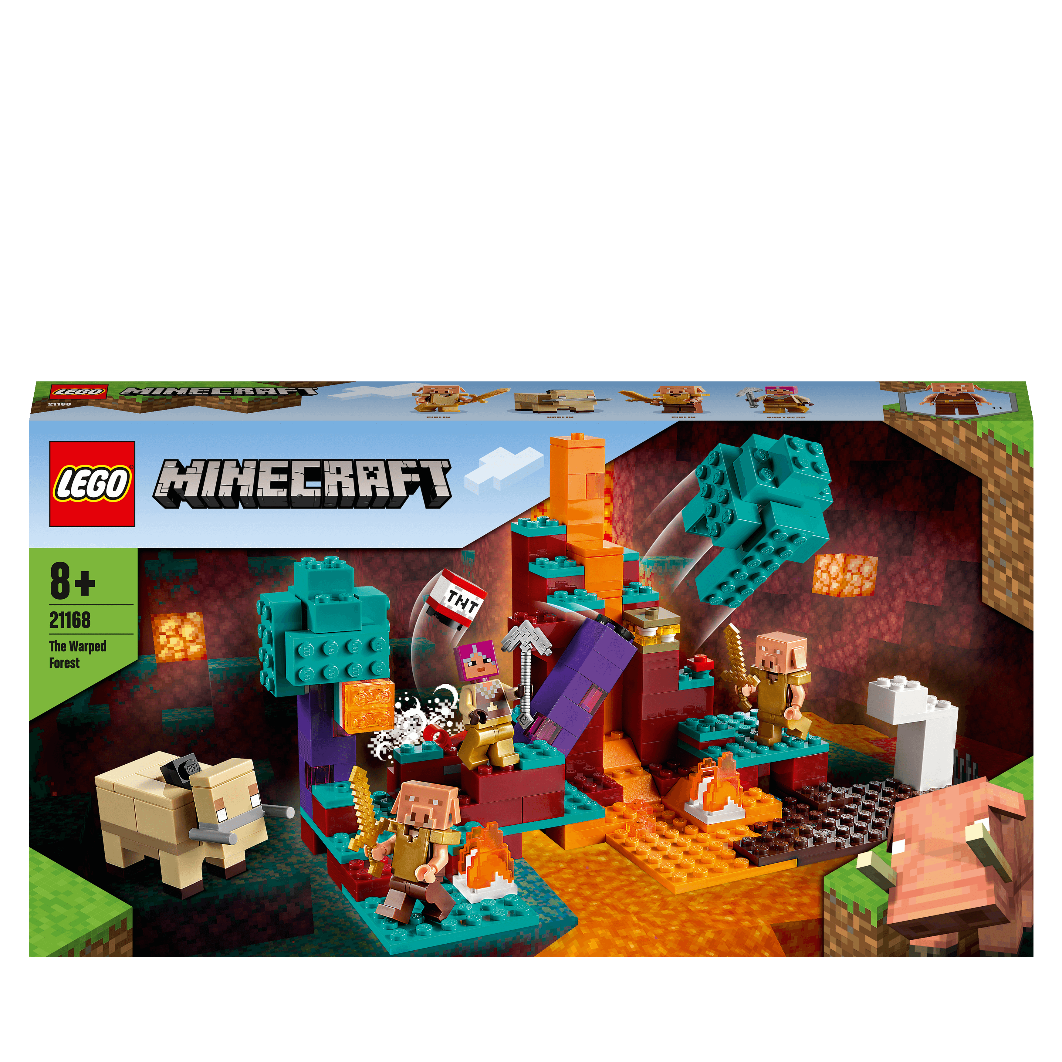 LEGO® Minecraft The Warped Forest Building Toy 21168 featuring the Huntress and fiery lava battles.