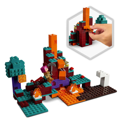 LEGO Minecraft The Warped Forest set with Huntress character battling enemies and lava flows.