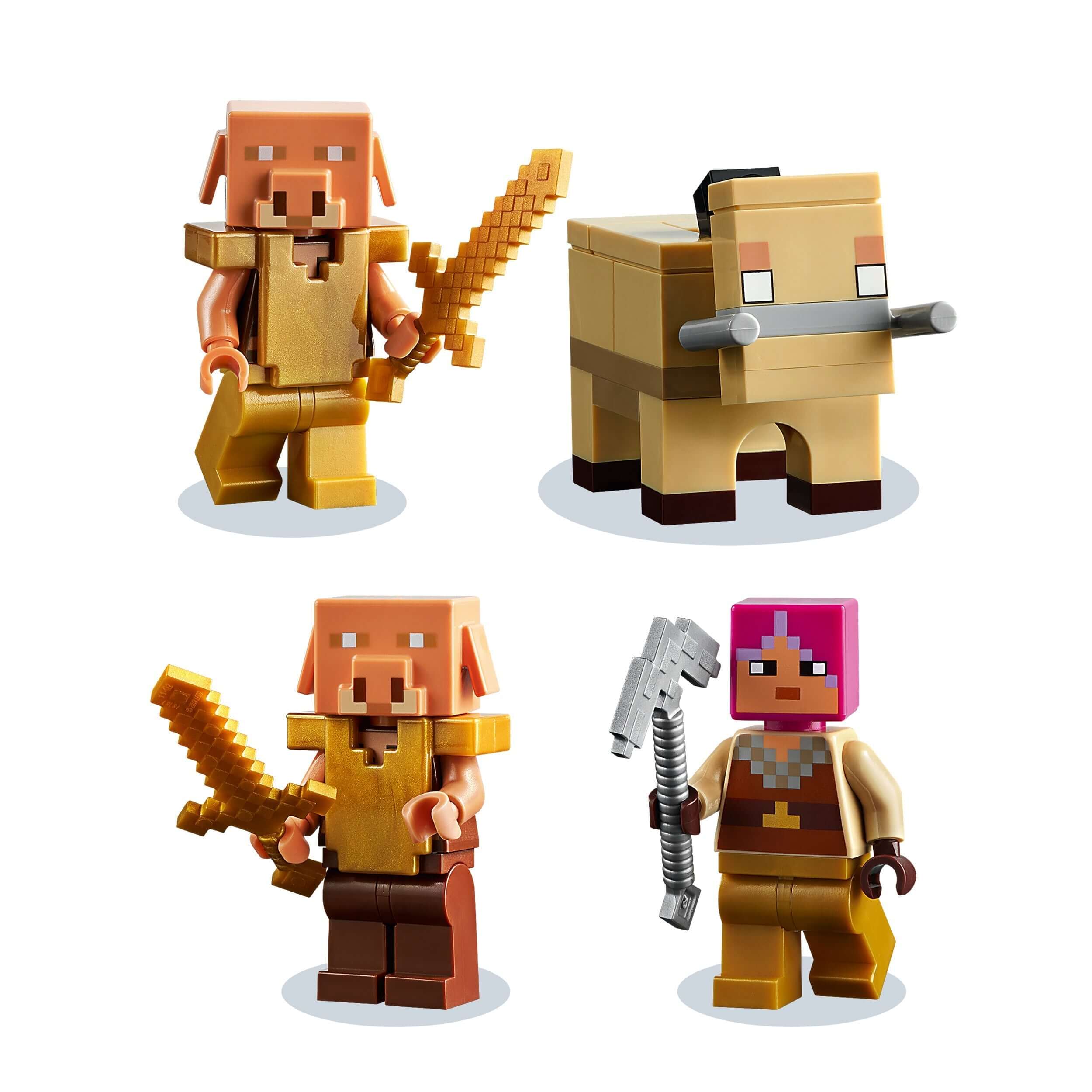 LEGO® Minecraft The Warped Forest figures, including Huntress and pig characters, ready for adventure in a colorful setting.