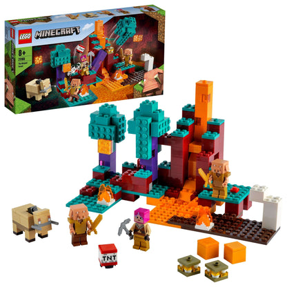 LEGO Minecraft The Warped Forest 21168 set featuring Huntress, enemies, lava, and building blocks for creative play.