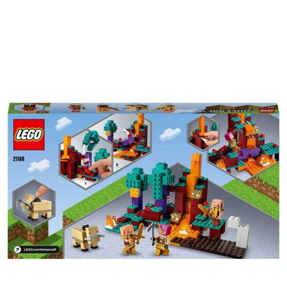 LEGO Minecraft The Warped Forest set 21168 with characters battling in a colorful, fiery landscape.