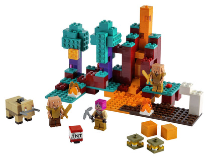 LEGO Minecraft The Warped Forest set 21168, featuring Huntress, enemies, and vibrant blocks for adventurous play.
