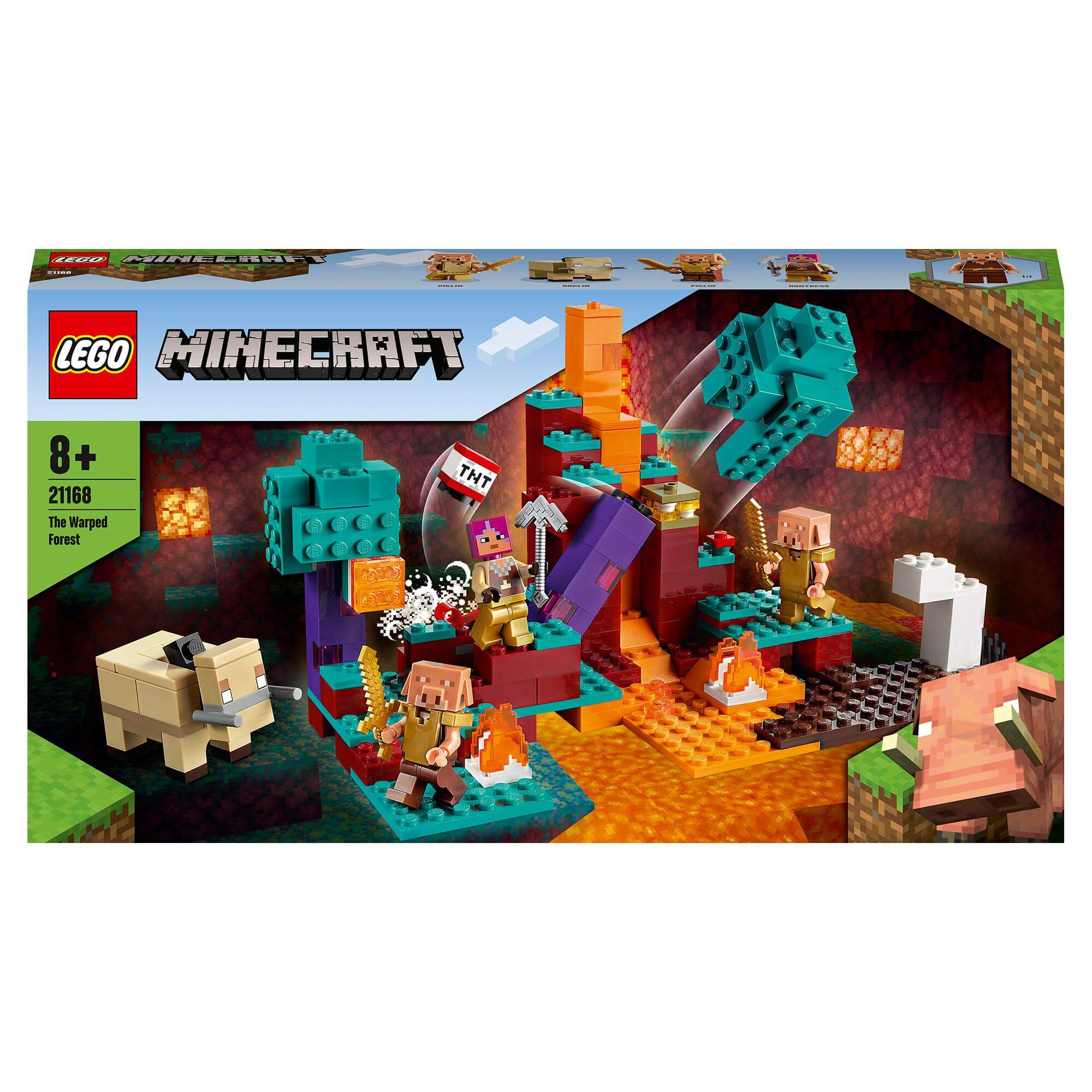 LEGO Minecraft The Warped Forest set 21168 featuring Huntress, enemies, and adventures in a fiery landscape.