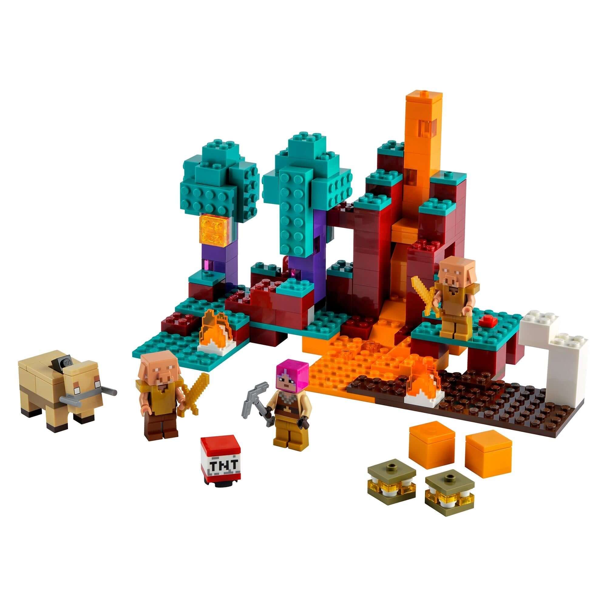 LEGO Minecraft Warped Forest set 21168 with figures, animals, and lava elements for kids' adventure play.