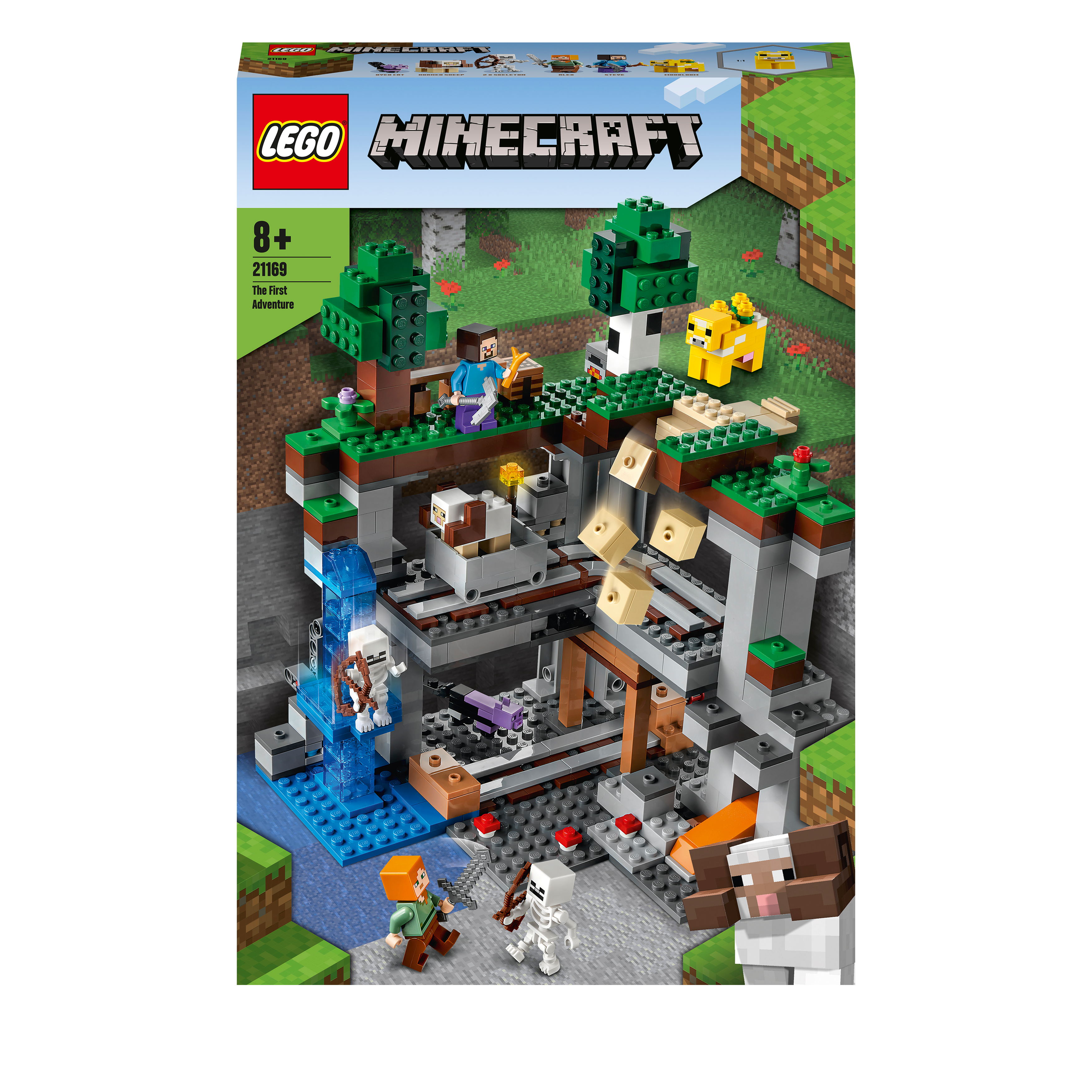 LEGO® Minecraft The First Adventure Set 21169 showcasing a vibrant Minecraft scene with characters and mobs.