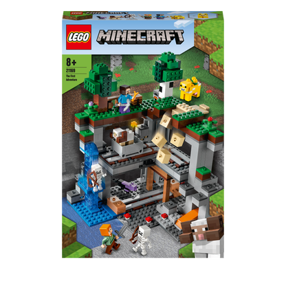 LEGO® Minecraft The First Adventure Set 21169 showcasing a vibrant Minecraft scene with characters and mobs.