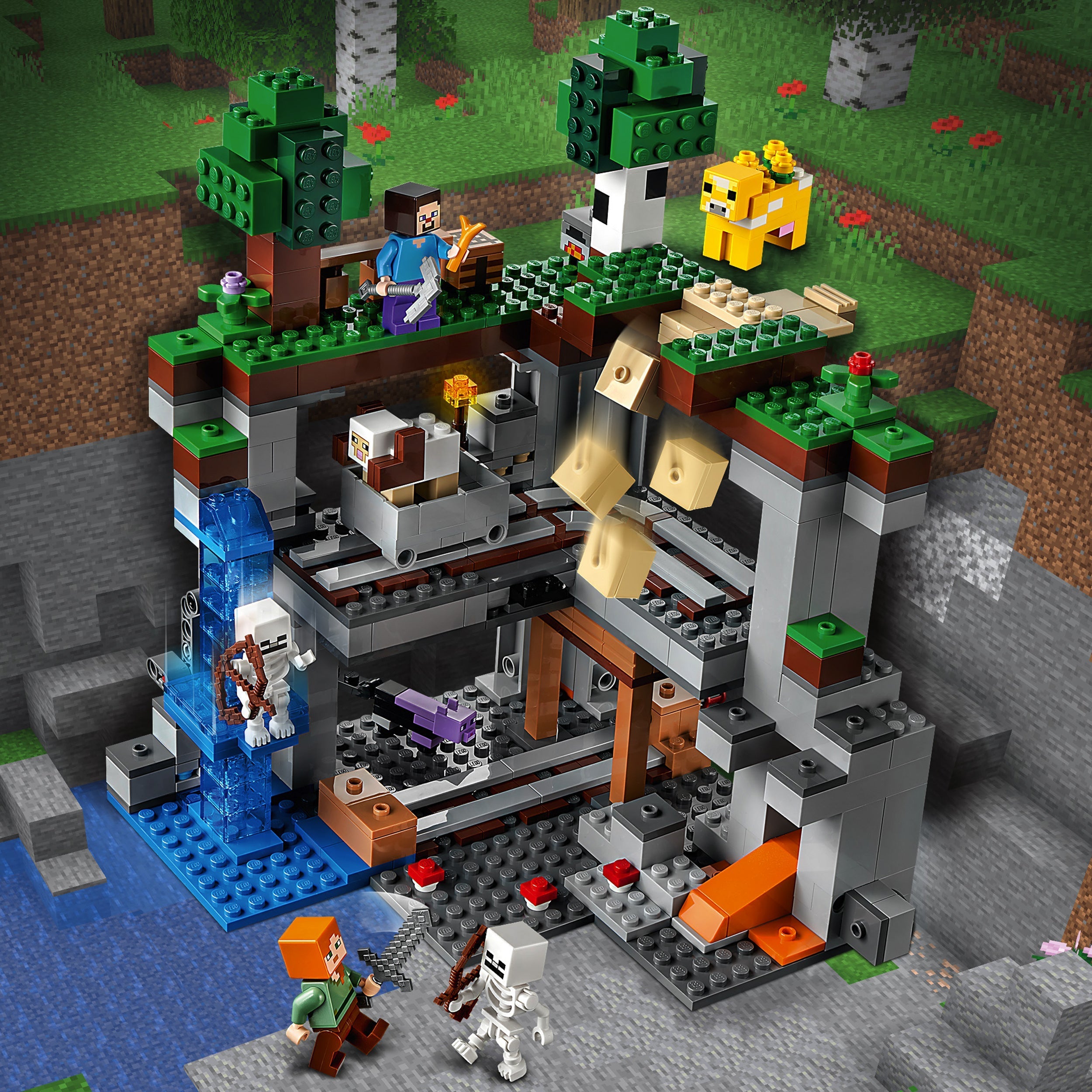LEGO Minecraft The First Adventure Set 21169 featuring characters and mobs in a detailed Minecraft environment