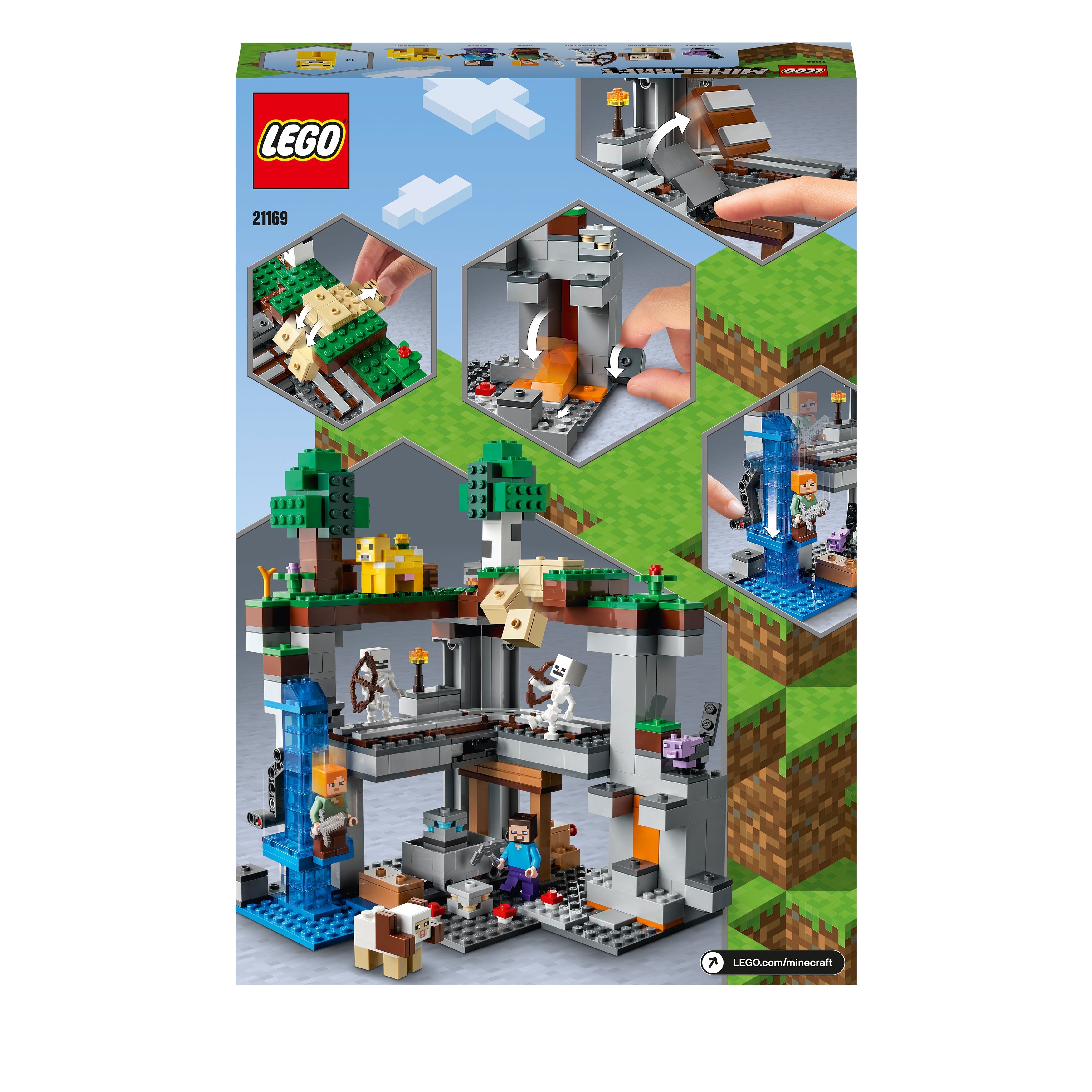 LEGO Minecraft The First Adventure Set 21169 showcasing detailed Minecraft environment with characters and mobs.