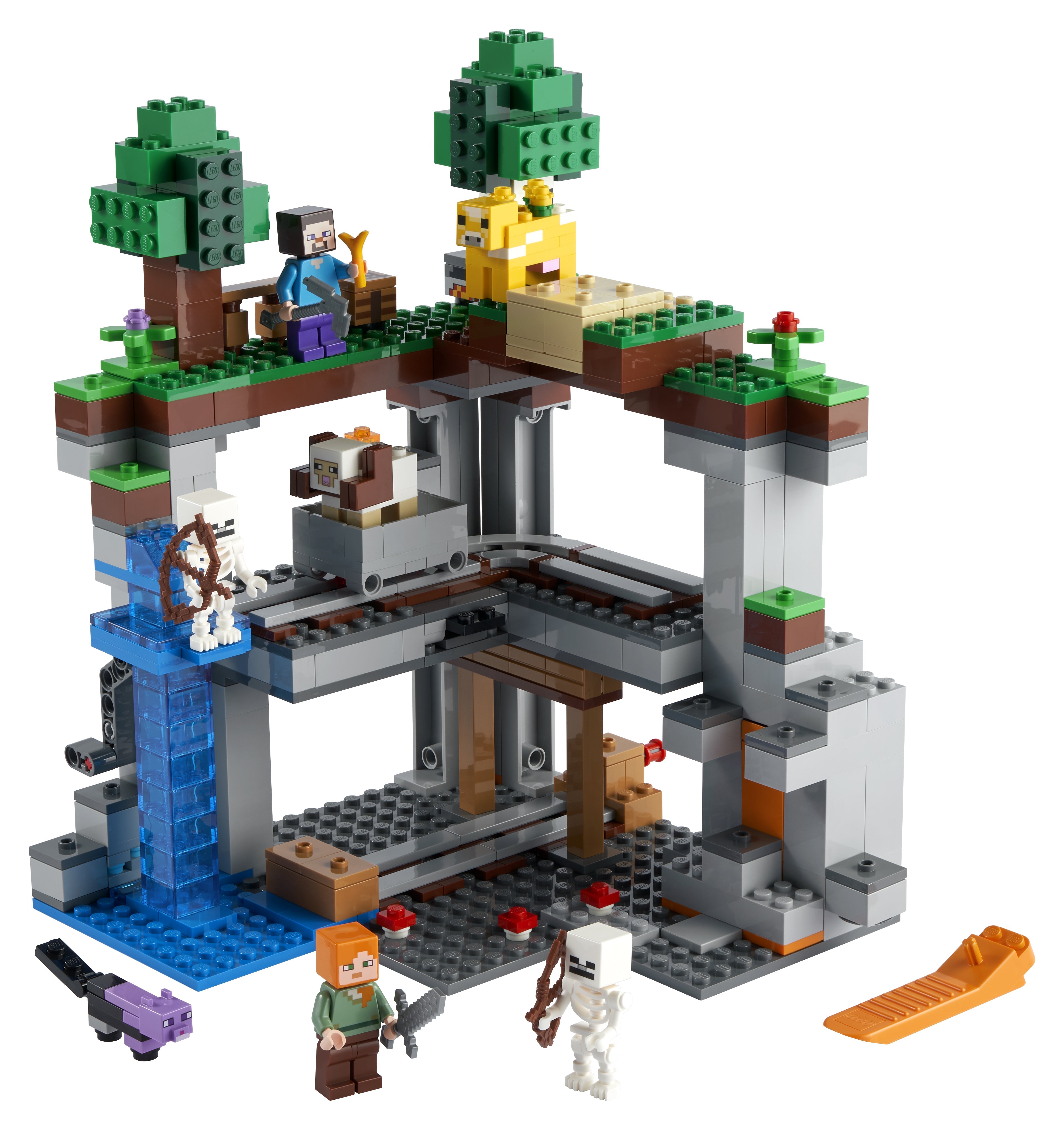 LEGO® Minecraft The First Adventure Set 21169 featuring vibrant blocks, characters, and mob scenes from the game.